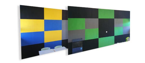 Colourful acoustic wall tiles and pinboards